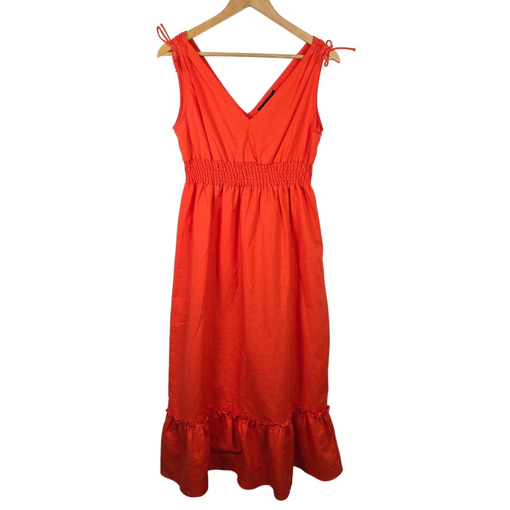 DÈLUC Orange‎ Cotton Linen Blend Smocked Waist Ruffle Midi Dress Sz S